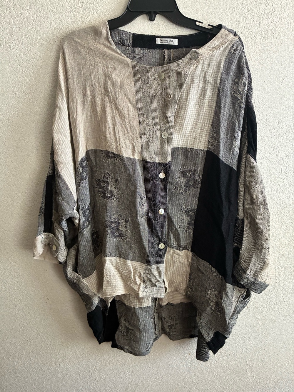 Banana Blue Australia Tempest Gauzy Linen Patchwork Texture Button-Down Shirt S